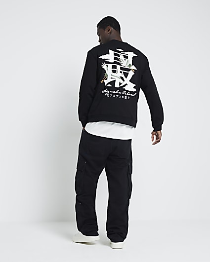 Black regular fit japanese graphic Sweatshirt