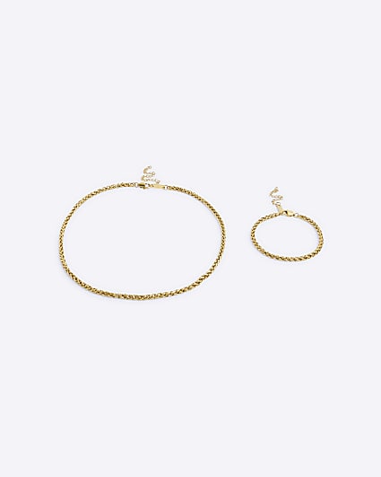Gold Stainless Steel Twist Chain Necklace Set