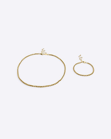 Gold Stainless Steel Twist Chain Necklace Set