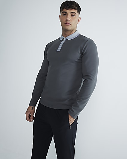 Grey Slim Fit Pique Tipped Polo Shirt