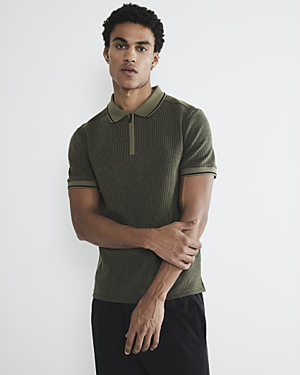 Khaki Slim Fit Geometric Zip Polo Shirt