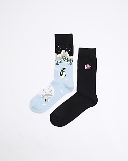 Navy Penguin Scene Socks Set