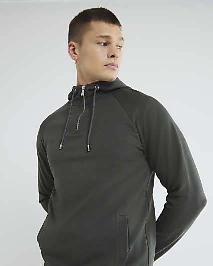 Green Slim Fit Long Sleeve Quarter Zip Hoodie