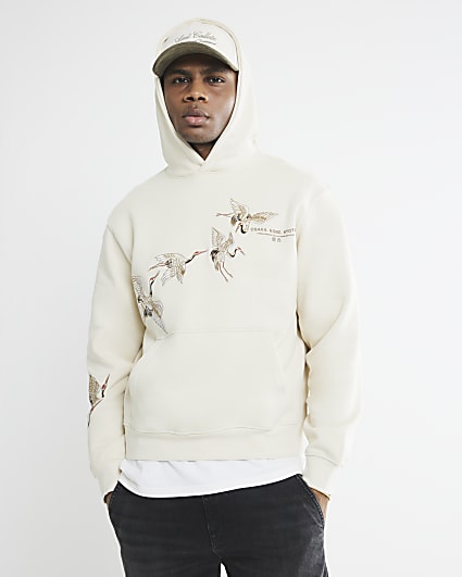 Beige Regular Fit Crane Embroidery Hoodie