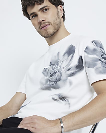 Ecru Regular Fit Floral Monochrome T-Shirt