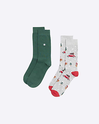 Green 2pk Driving Home Xmas Socks