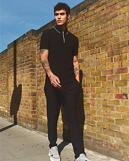 Black Muscle Fit Ribbed Tipped Polo Shirt