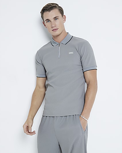 Grey Muscle Fit Ribbed Tipped Polo Shirt