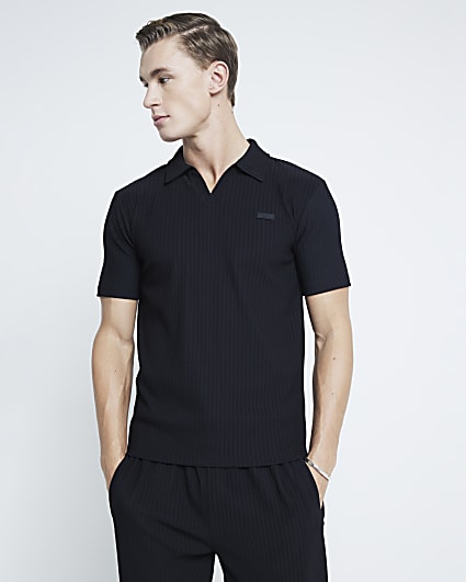 Black Muscle Fit Ribbed Open Neck Polo Shirt