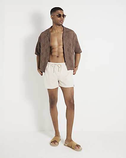 Beige Regular Fit Seersucker Swim Shorts