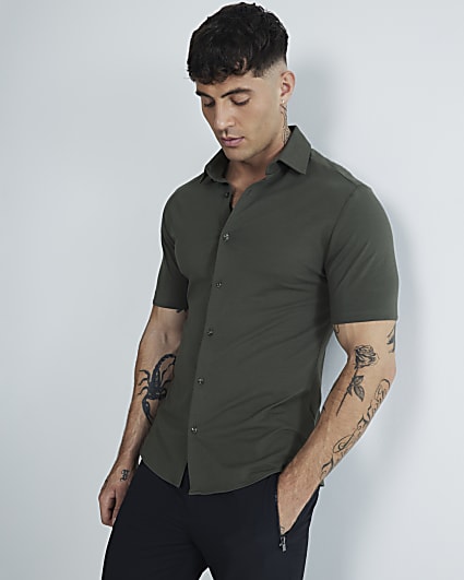 Khaki Muscle Fit Short Sleeve Jersey Shirt