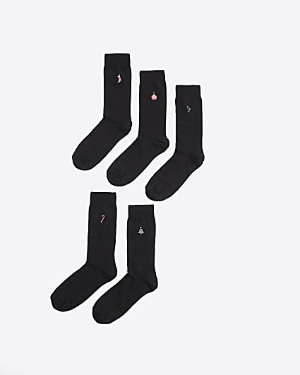 Black 5 Pack Christmas Embroidered Socks