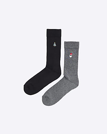 Black Christmas Embroidered Santa Socks Set