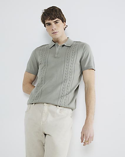 Green Slim Fit Cable Knit Polo Shirt