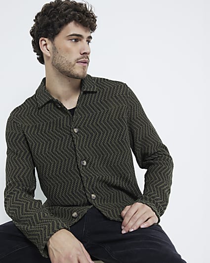 Khaki Regular Fit Crochet Zig Zag Shirt