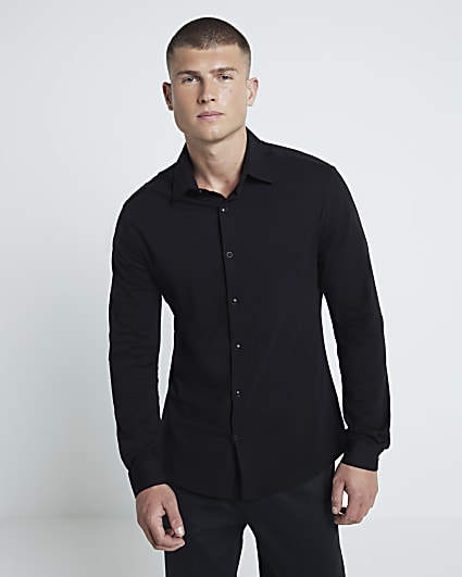 Black Muscle Fit Long Sleeve Jersey Shirt