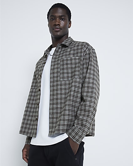 Grey Boxy Fit Long Sleeve Check Shirt