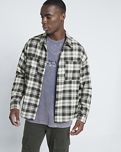 Beige Boxy Fit Double Pocket Check Shirt