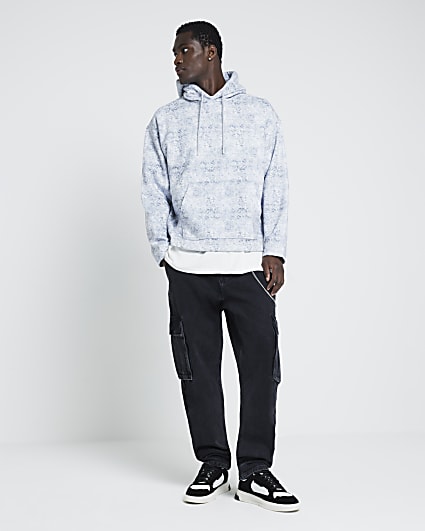 Blue Oversized fit Paisley Open Hem Hoodie