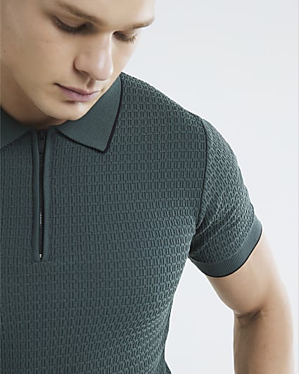 Green Muscle Fit Textured Tipped Polo Shirt