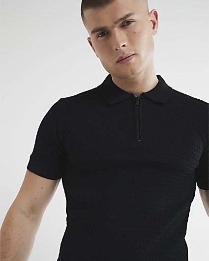 Black Muscle Fit Textured Polo Shirt