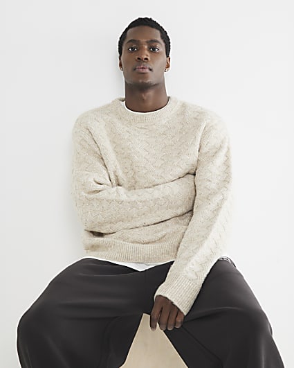 Beige Long Sleeve Cross Hatch Knit Jumper
