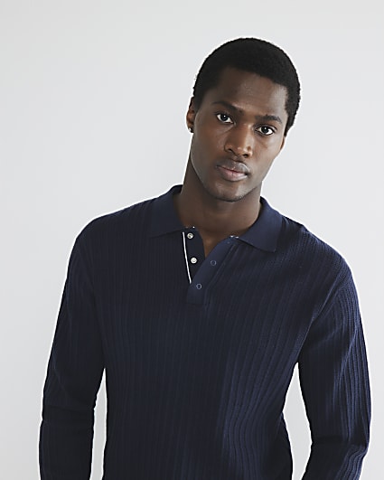 Navy Slim Fit Knit Long Sleeve Polo Shirt