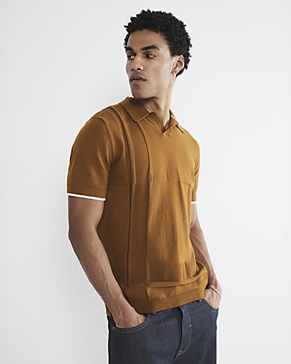 Rust Asymmetric Open Collar Polo Shirt