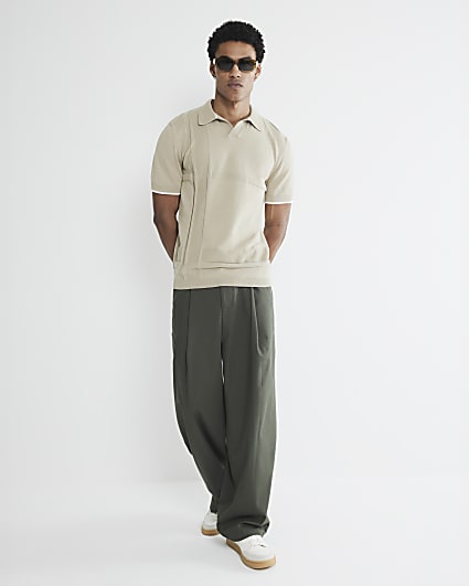 Beige Slim Asymmetric Open Collar Polo Shirt