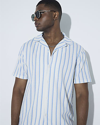 Ecru Regular Fit Stripe Textured Revere Shirt