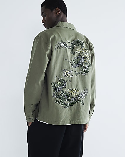 Green Regular Fit Dragon Embroidery Overshirt