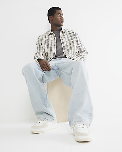 Beige Crepe Long Sleeve Check Shirt
