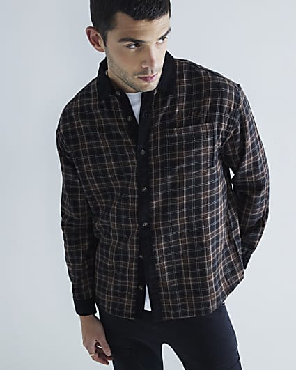 Black Corduroy Collar Check Shirt