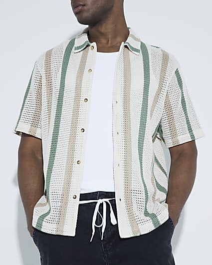 Ecru Green Stripe Crochet Shirt