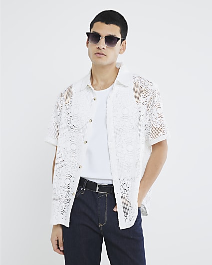 White Slim Fit Floral Crochet Shirt