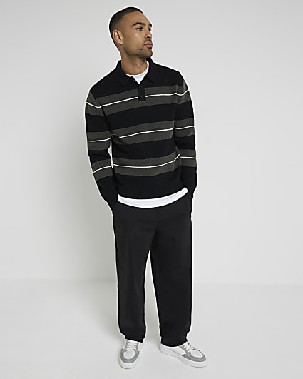 Green Stripe Blocked Boucle Knit Polo Shirt