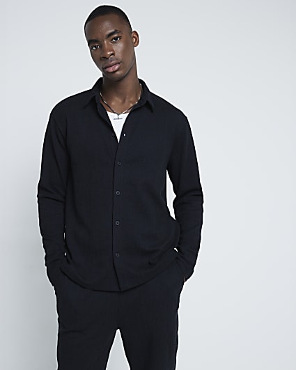 Black Regular Fit Plisse Shirt