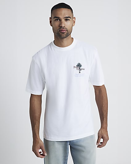 White regular fit palm tree graphic t-shirt