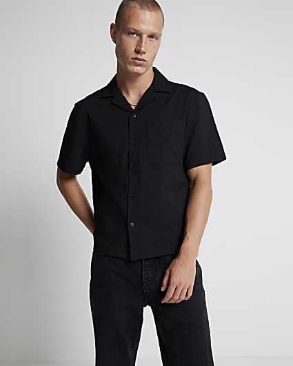 Black boxy fit seersucker revere shirt