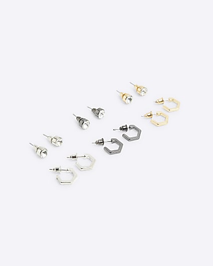 Silver Mixed Metal Stud And Hoop Earrings 9PK