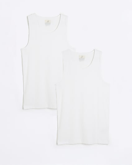 White Muscle Fit Ribbed Vest Set