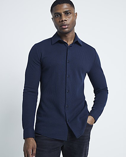 Navy Slim Fit Waffle Textured Jersey Shirt