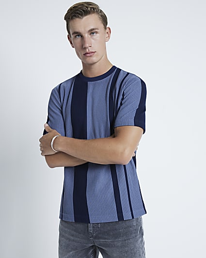 Blue Slim Fit Ottoman Striped T-Shirt