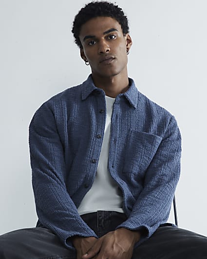 Blue Regular Fit Boucle Long Sleeve Shirt