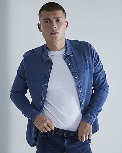 Blue Denim Muscle Fit Long Sleeve Shirt