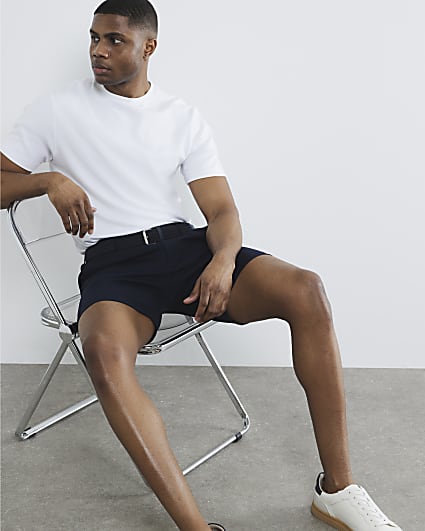 Navy Slim Fit Belted Chino Shorts