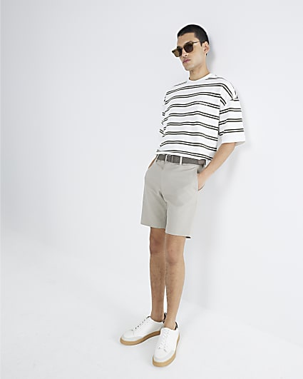 Beige Slim Fit Belted Chino Shorts