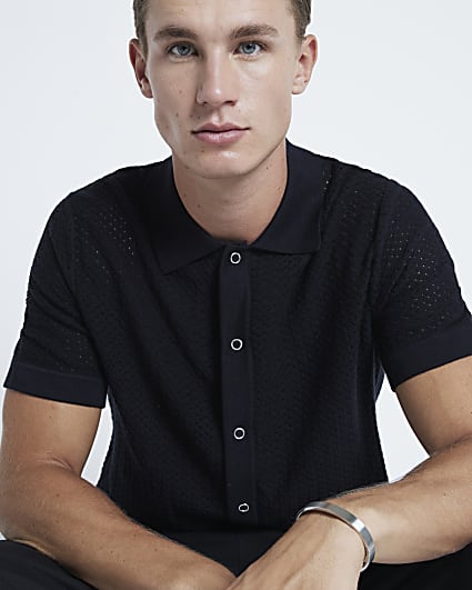 Black Slim Fit Micro Textured Knit Shirt