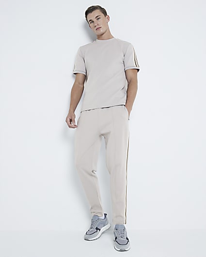 Beige Slim Fit Taped Joggers