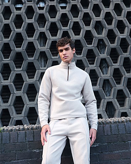 Beige Slim Fit Quilted Funnel Sweatshirt